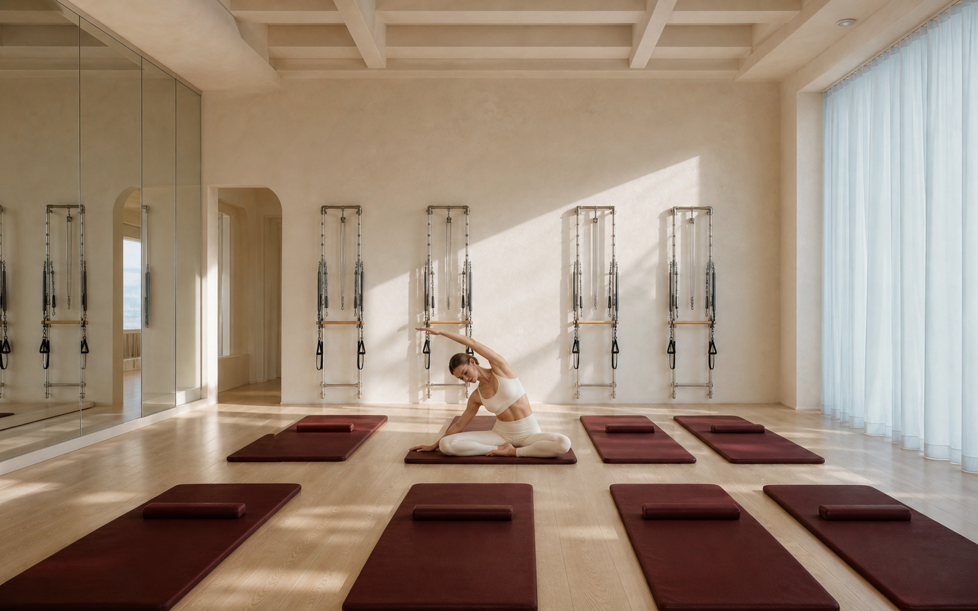 Salle de Pilates lumineuse avec tapis bordeaux et tours murales
